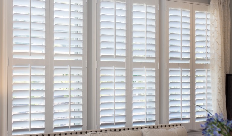 Faux wood plantation shutters in San Diego